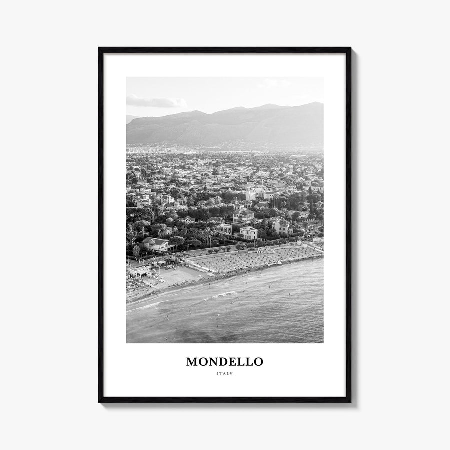 Mondello black & white classic poster of Italy – vertical wall art, unframed print shown in interior mockup