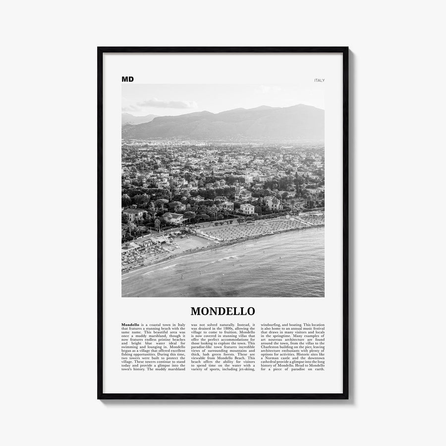 Mondello black & white newspaper poster of Italy – vertical wall art, unframed print shown in interior mockup