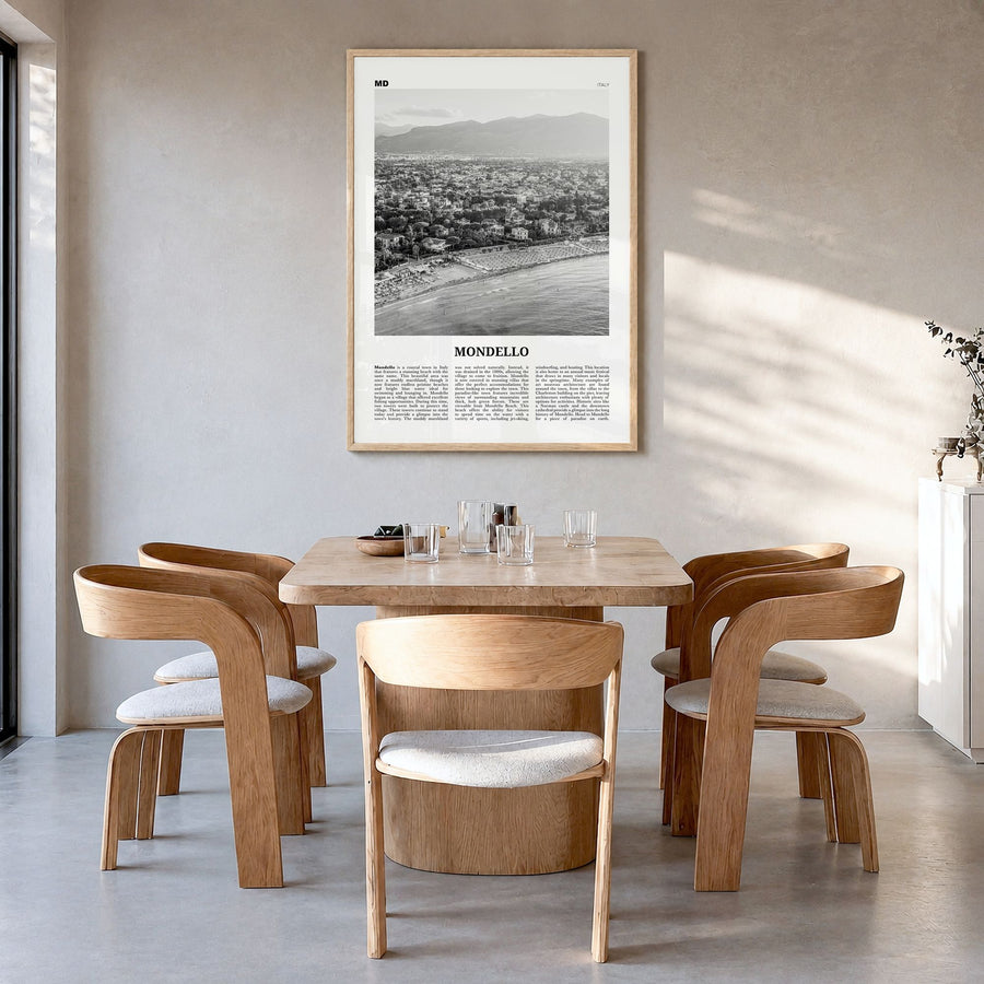 Mondello Newspaper Poster in a natural wood frame, hanging in a dining room