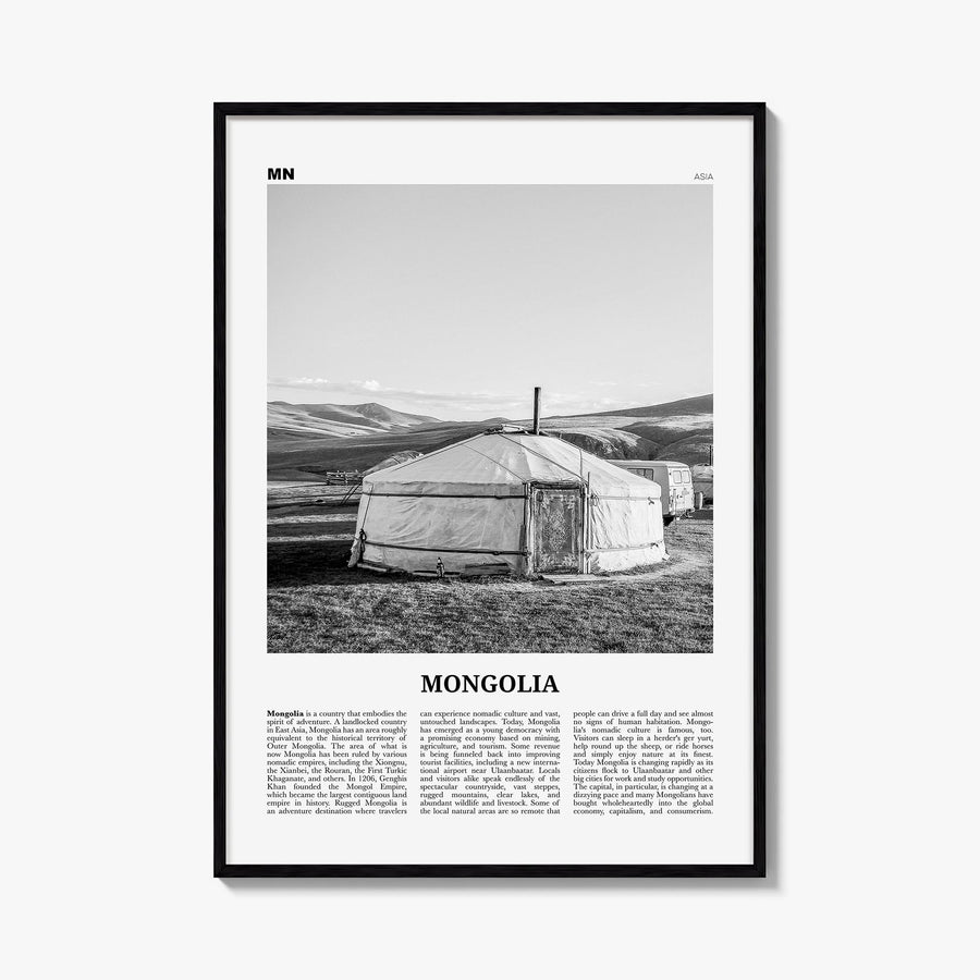 Mongolia black & white newspaper poster of Asia – vertical wall art, unframed print shown in interior mockup