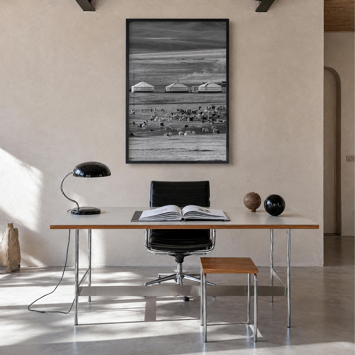 Mongolia black & white photo poster of Asia – vertical wall art in black wood frame, hanging on wall