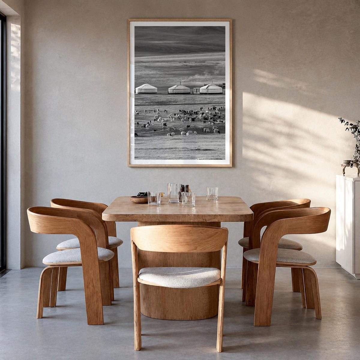 Mongolia black & white photo poster of Asia – vertical wall art in natural wood frame with white border, hanging on wall