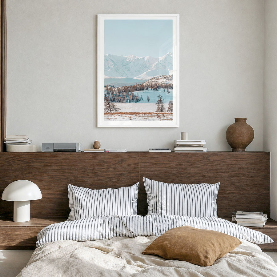 Mongolia Photo Poster in a white wood frame, hanging in a bedroom, white border