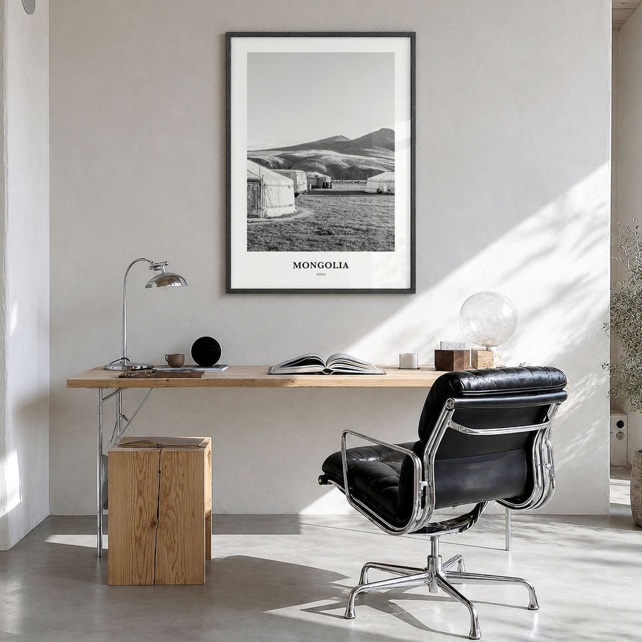 Mongolia Classic Poster in a black wood frame, hanging in a bright home office