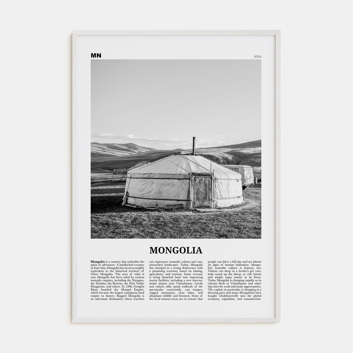 Mongolia Poster White Wood / 8x12 in Nbourhood Travel B&W Poster