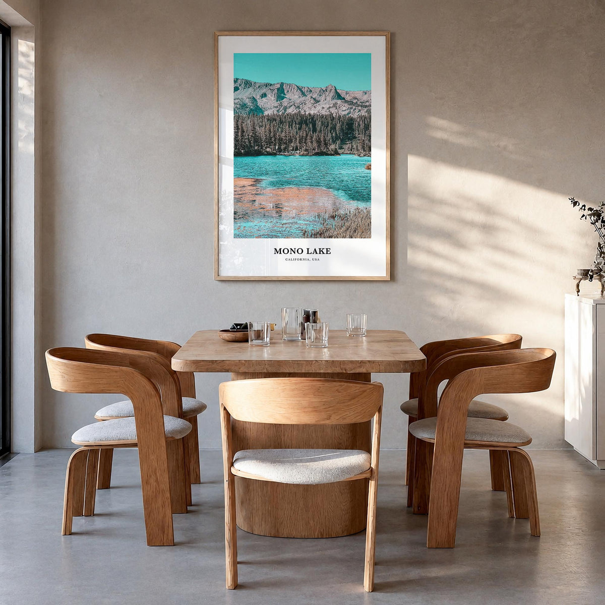 Mono Lake colorful classic poster of California, USA – vertical wall art in natural wood frame, hanging on wall