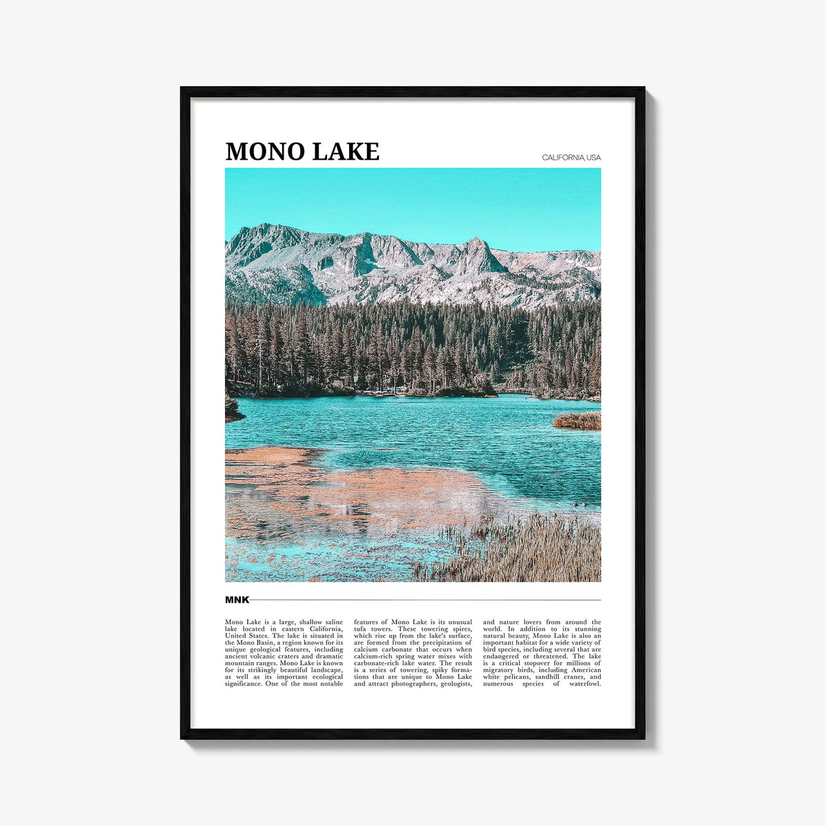 Mono Lake colorful travel poster of California, USA – vertical wall art, unframed print shown in interior mockup