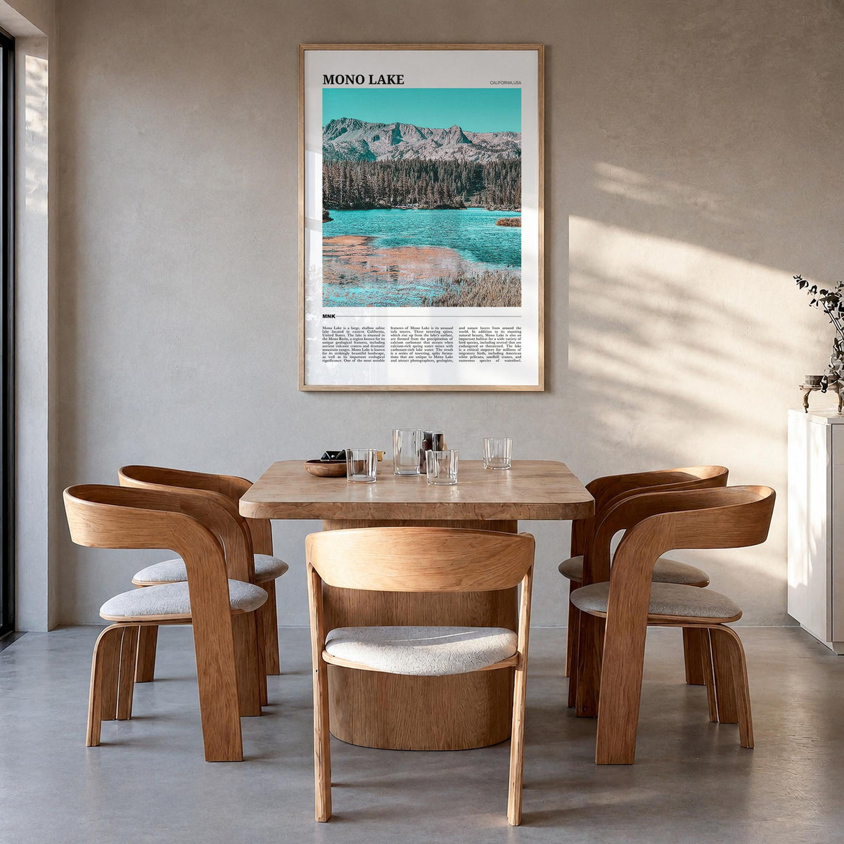 Mono Lake colorful travel poster of California, USA – vertical wall art in natural wood frame, hanging on wall