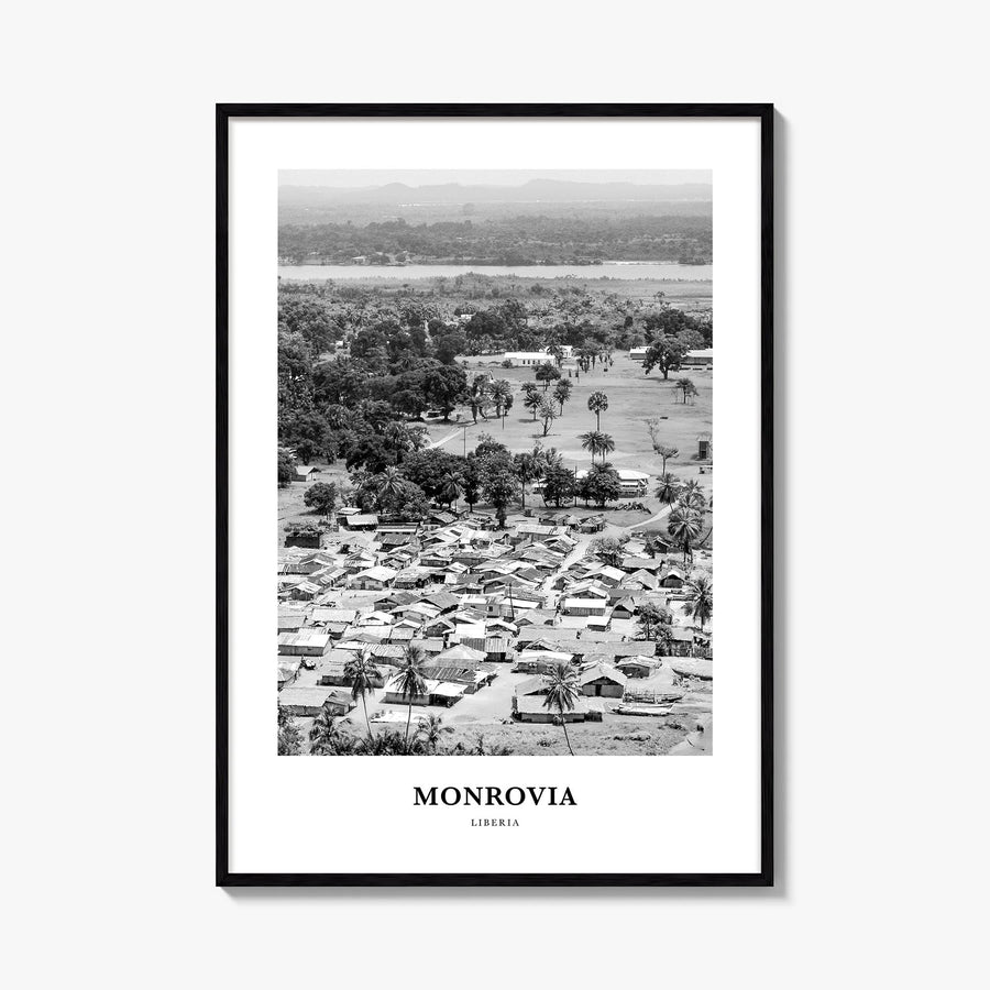 Monrovia black & white classic poster of Liberia – vertical wall art, unframed print shown in interior mockup