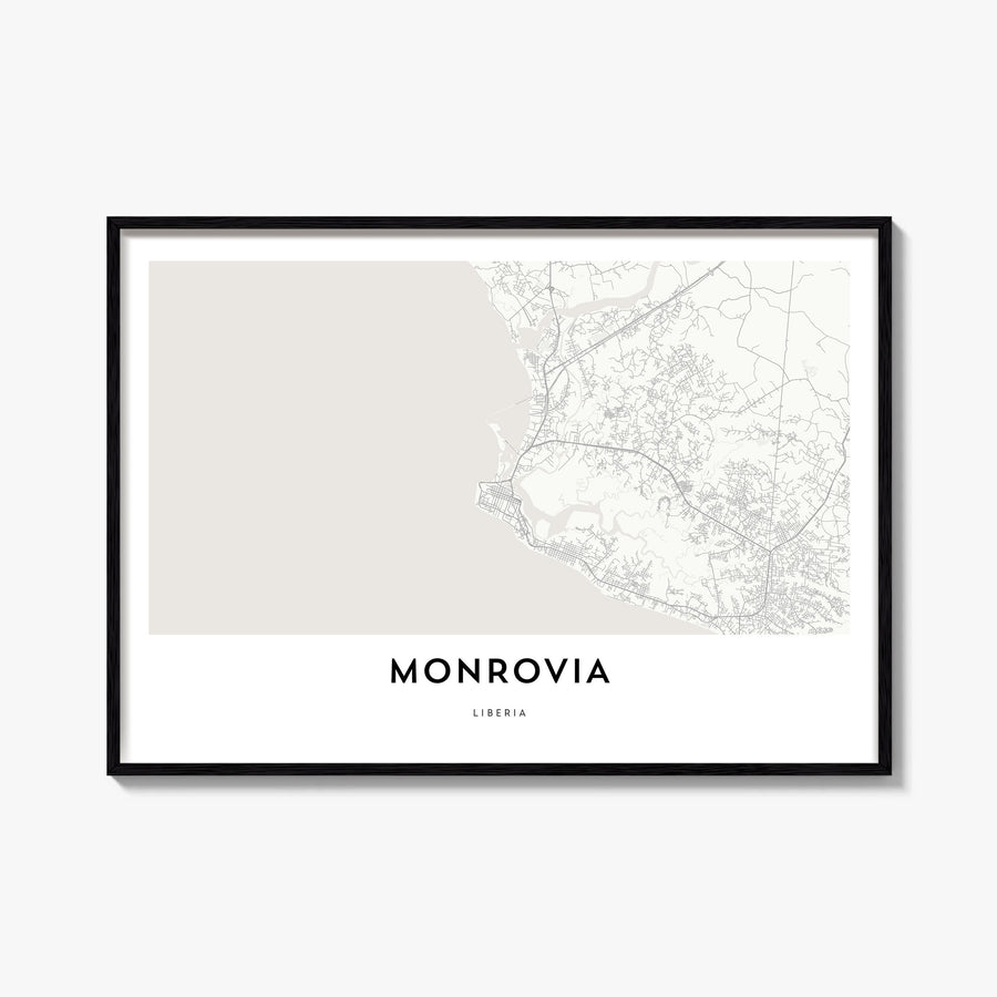 Monrovia black & white map poster of Liberia – horizontal wall art, unframed print shown in interior mockup