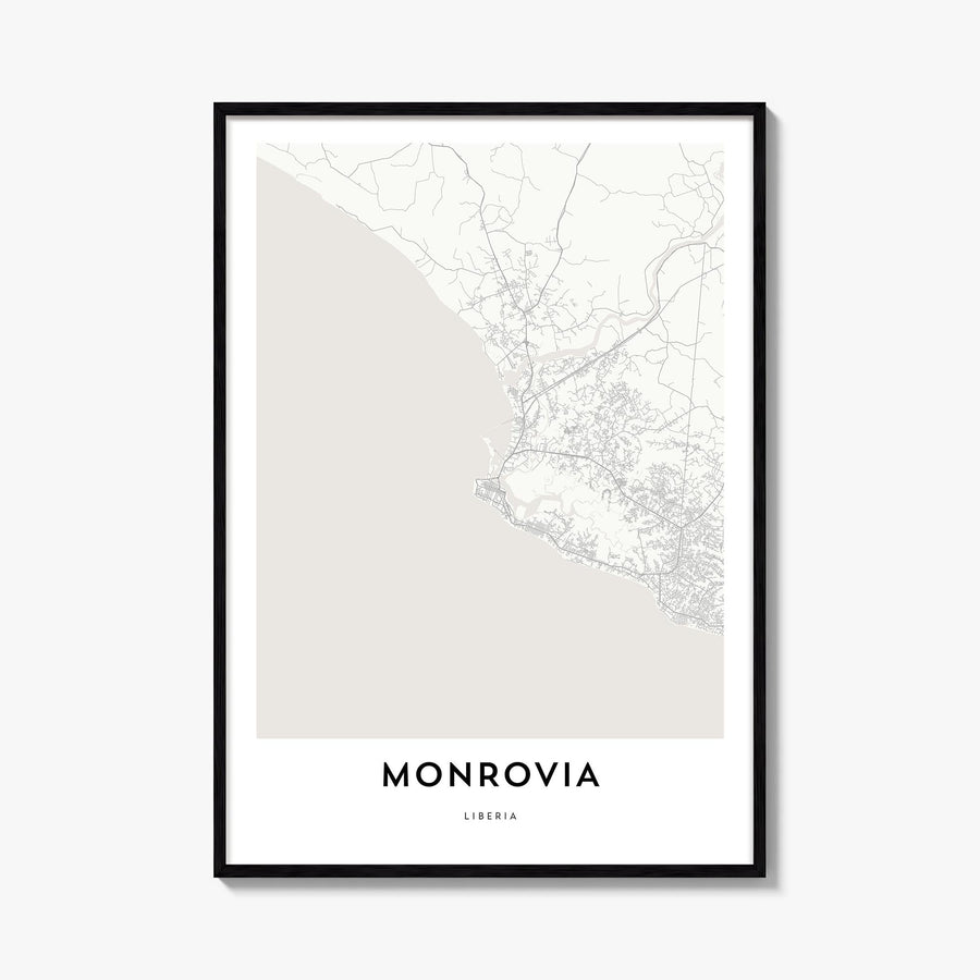 Monrovia black & white map poster of Liberia – vertical wall art, unframed print shown in interior mockup