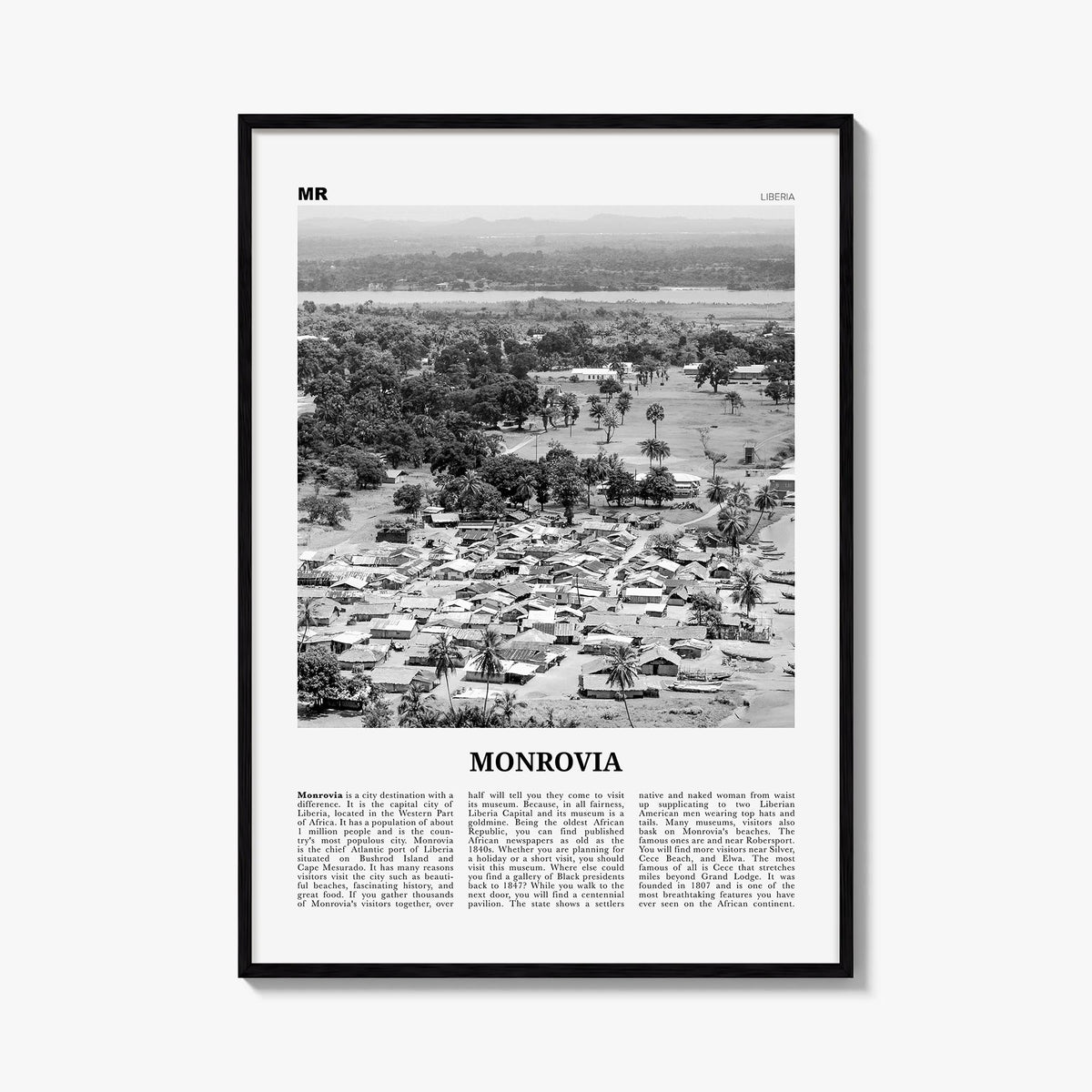 Monrovia black & white newspaper poster of Liberia – vertical wall art, unframed print shown in interior mockup
