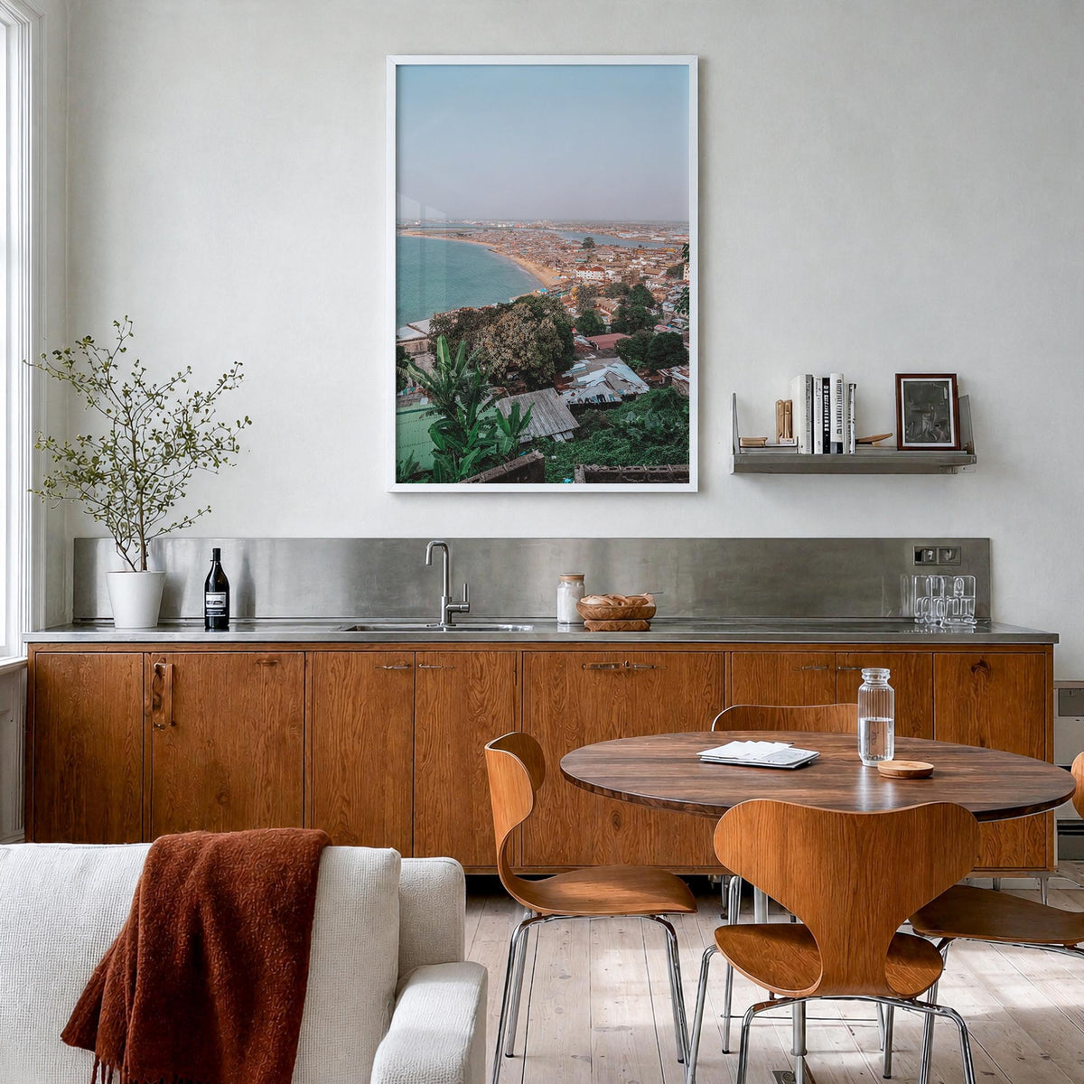 Monrovia colorful photo poster of Liberia – vertical wall art in white wood frame, hanging on wall