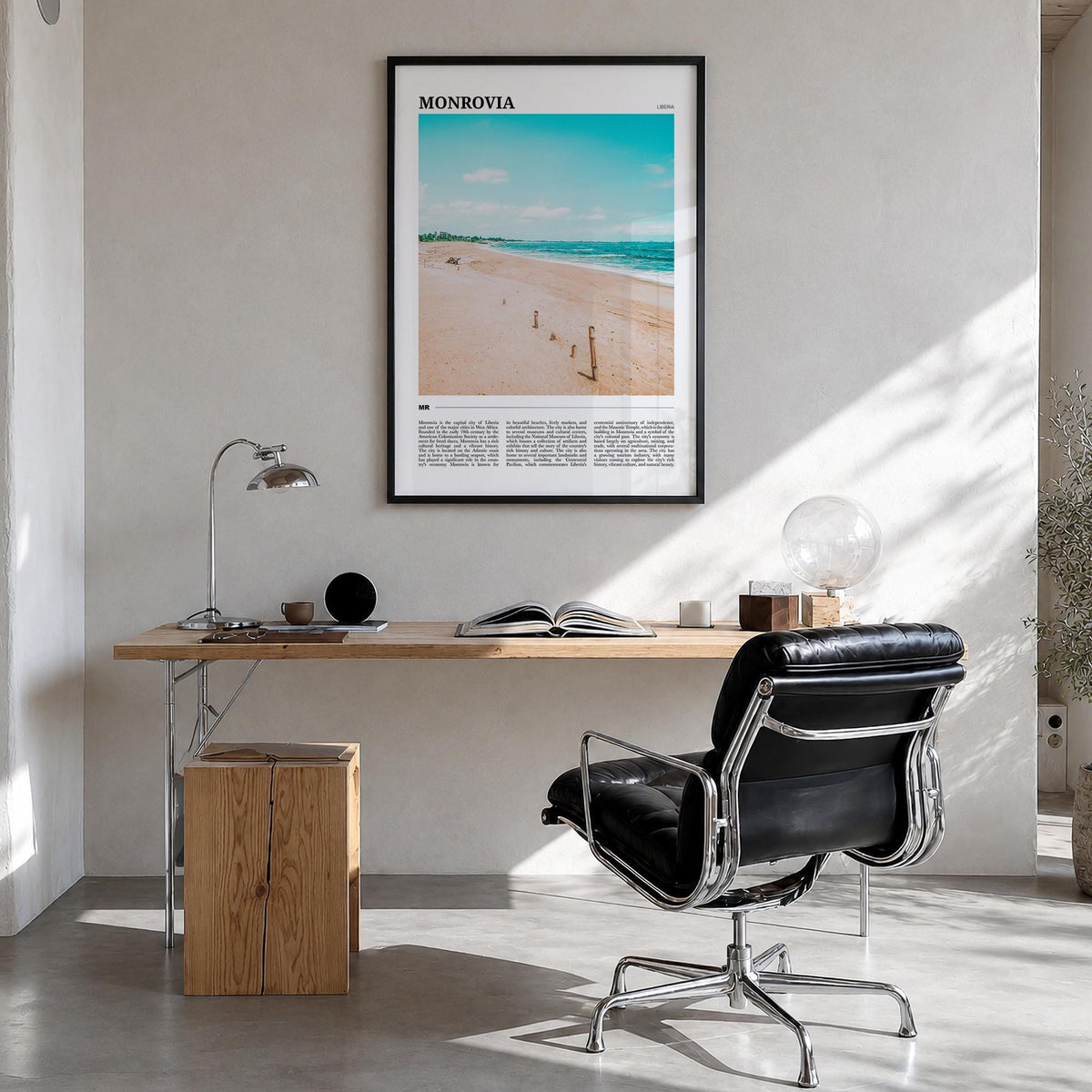 Monrovia no. 1 colorful travel poster of Liberia – vertical wall art in black wood frame, hanging on wall