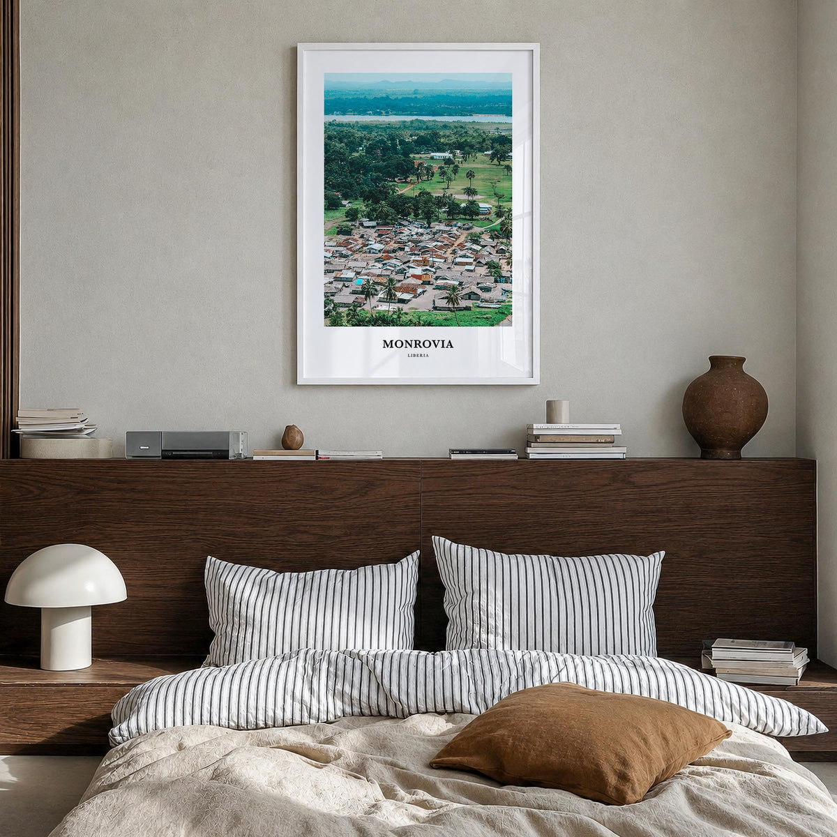 Monrovia no. 2 colorful classic poster of Liberia – vertical wall art in white wood frame, hanging on wall