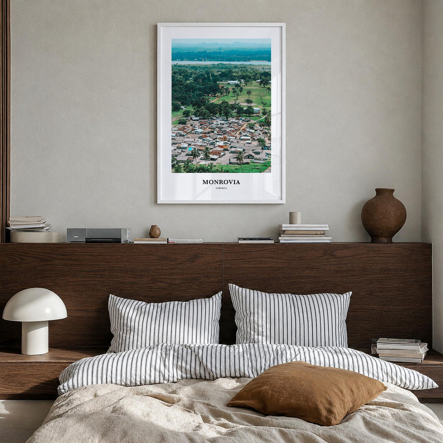 Monrovia no. 2 colorful classic poster of Liberia – vertical wall art in white wood frame, hanging on wall