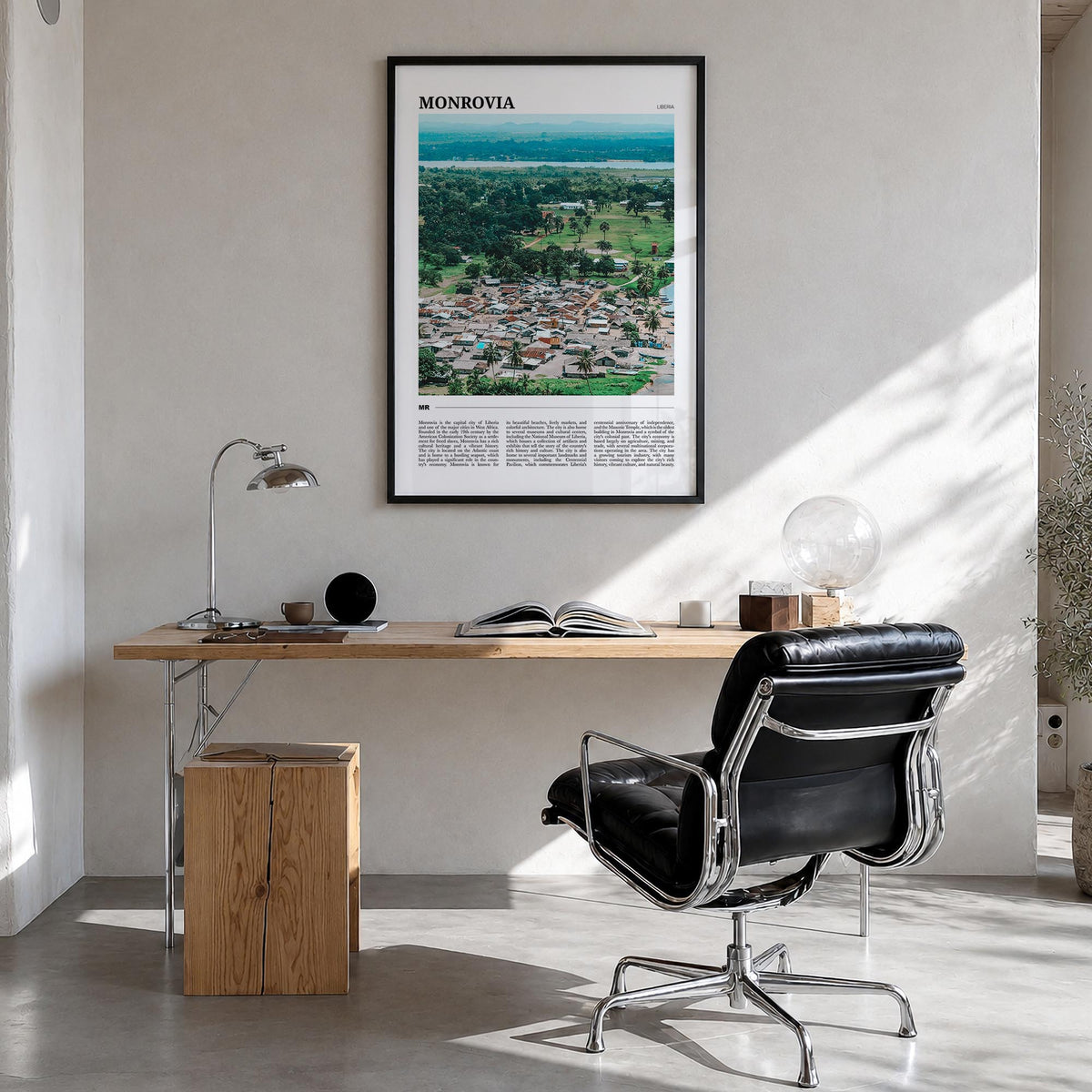 Monrovia no. 2 colorful travel poster of Liberia – vertical wall art in black wood frame, hanging on wall