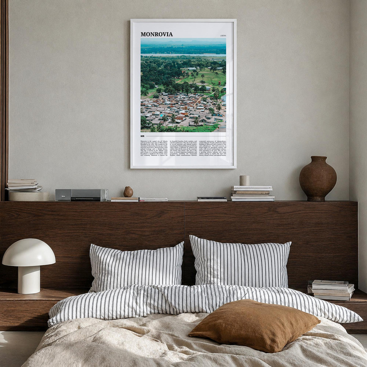 Monrovia no. 2 colorful travel poster of Liberia – vertical wall art in white wood frame, hanging on wall