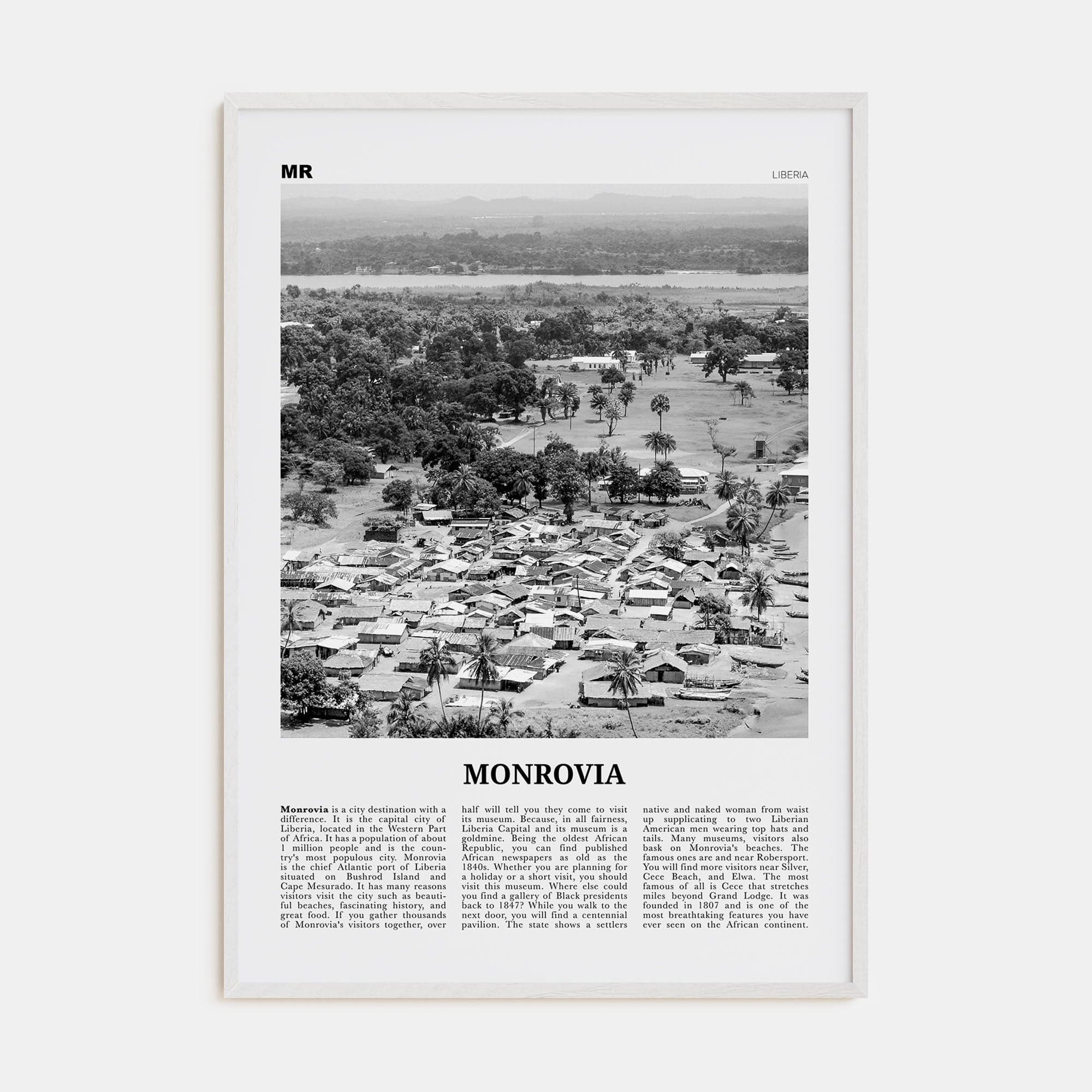 Monrovia Poster White Wood / 8x12 in Nbourhood Travel B&W Poster