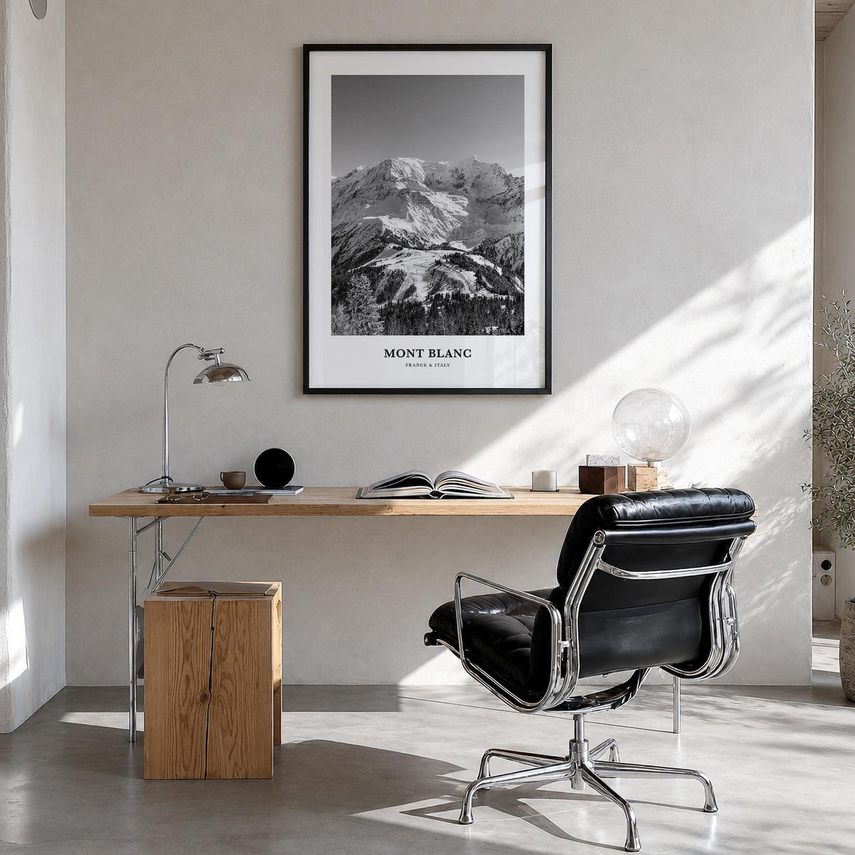 Mont Blanc black & white classic poster of France & Italy – vertical wall art in black wood frame, hanging on wall