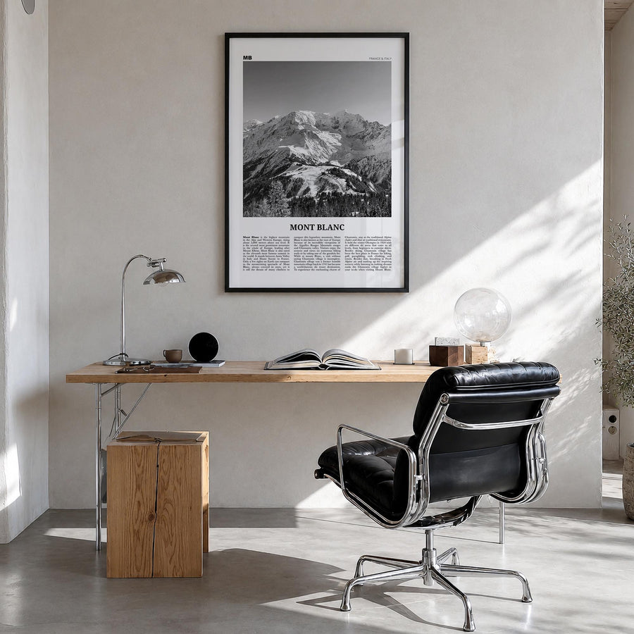 Mont Blanc black & white newspaper poster of France & Italy – vertical wall art in black wood frame, hanging on wall