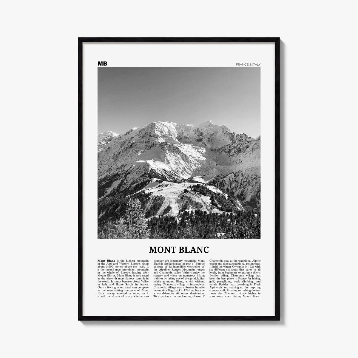 Mont Blanc black & white newspaper poster of France & Italy – vertical wall art, unframed print shown in interior mockup