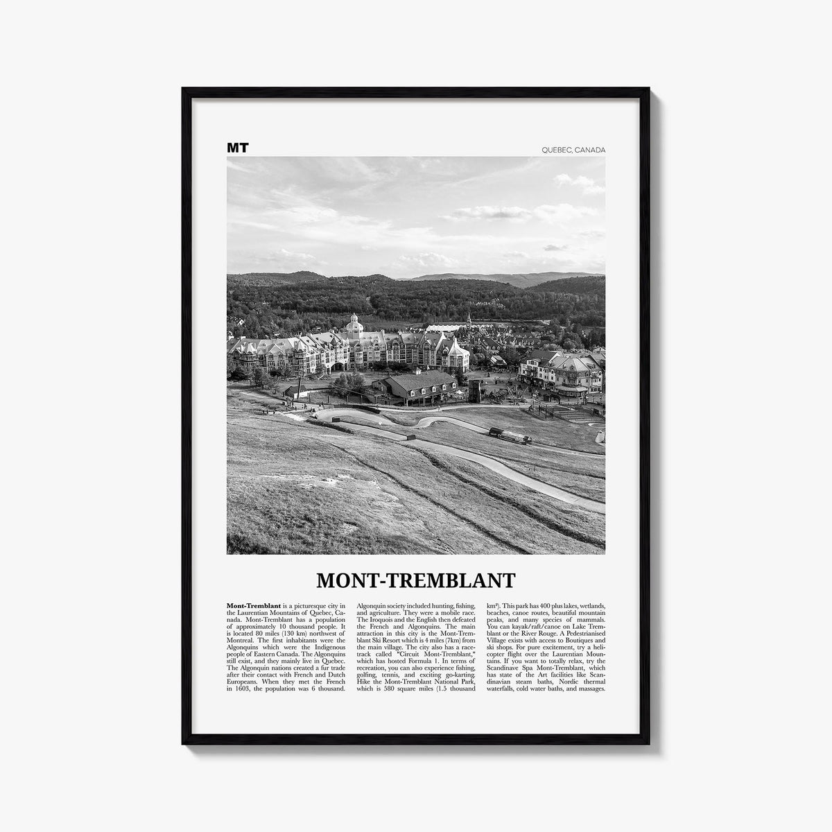 Mont-Tremblant black & white newspaper poster of Canada – vertical wall art, unframed print shown in interior mockup
