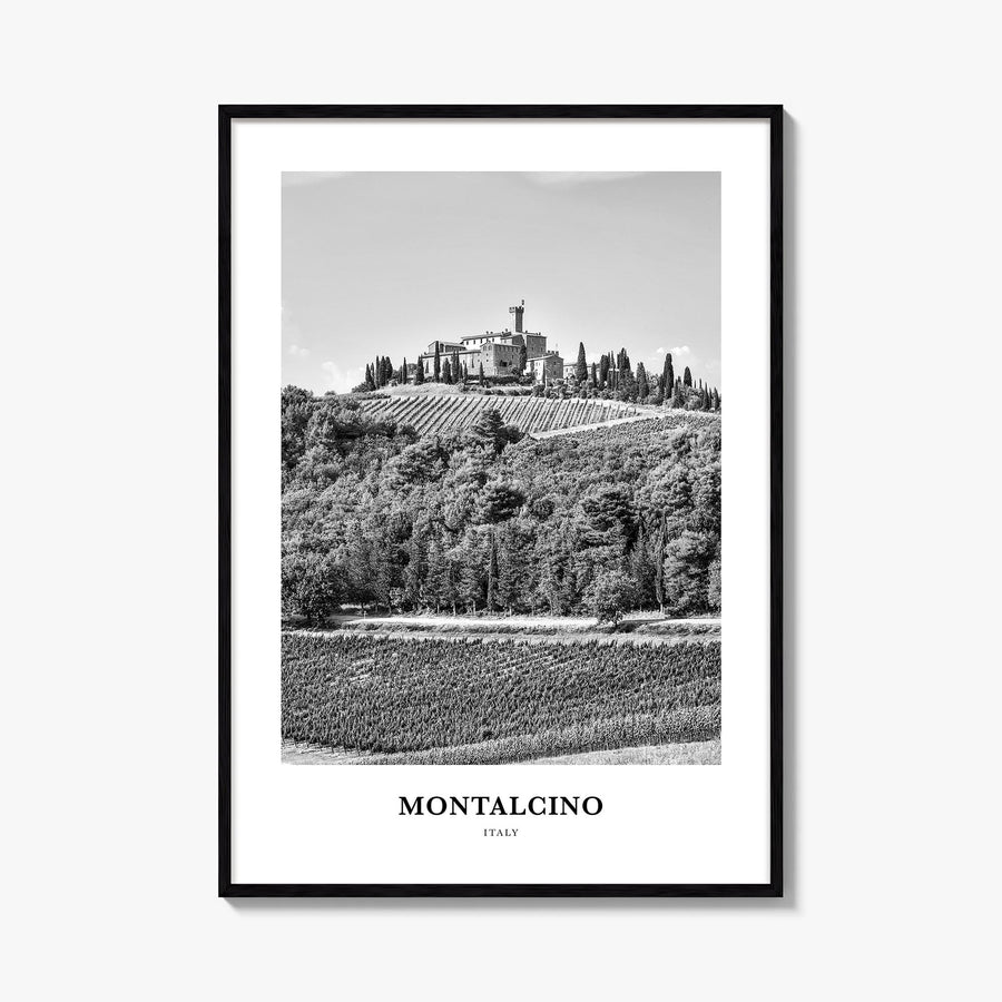 Montalcino black & white classic poster of Italy – vertical wall art, unframed print shown in interior mockup