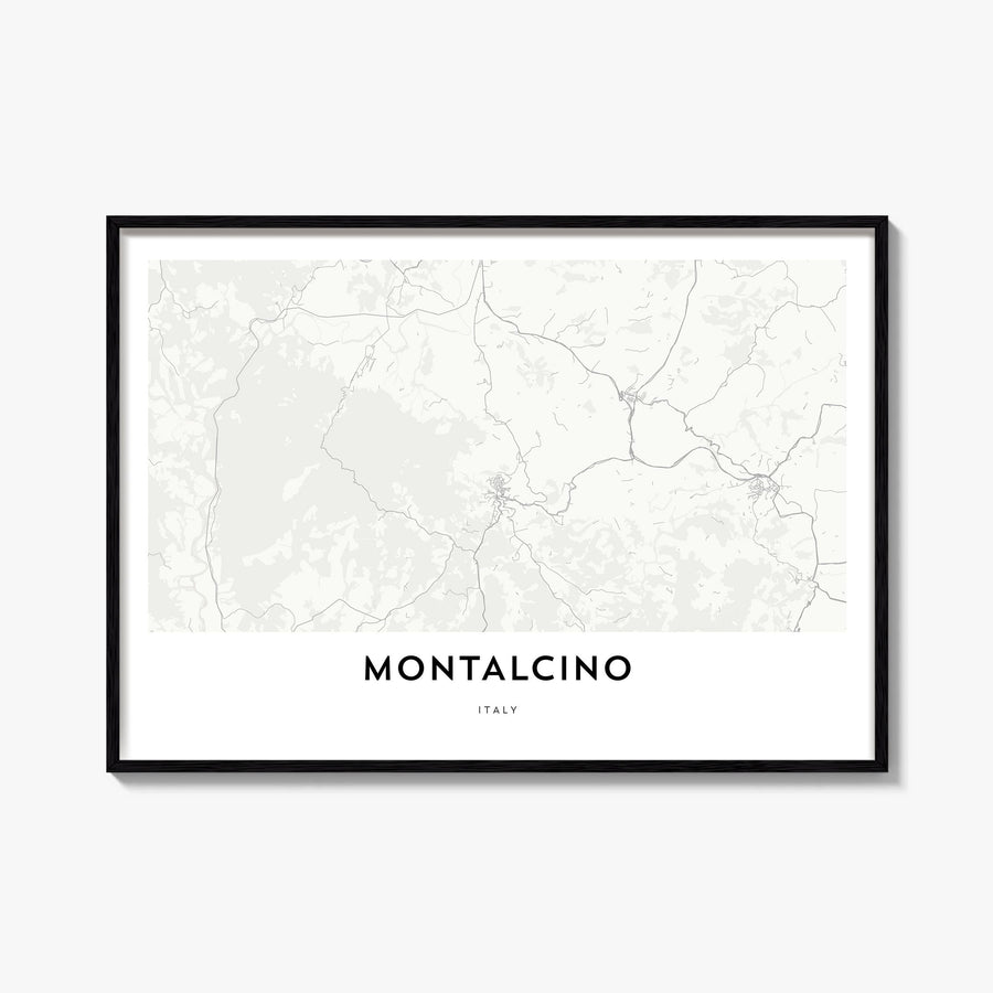 Montalcino black & white map poster of Italy – horizontal wall art, unframed print shown in interior mockup