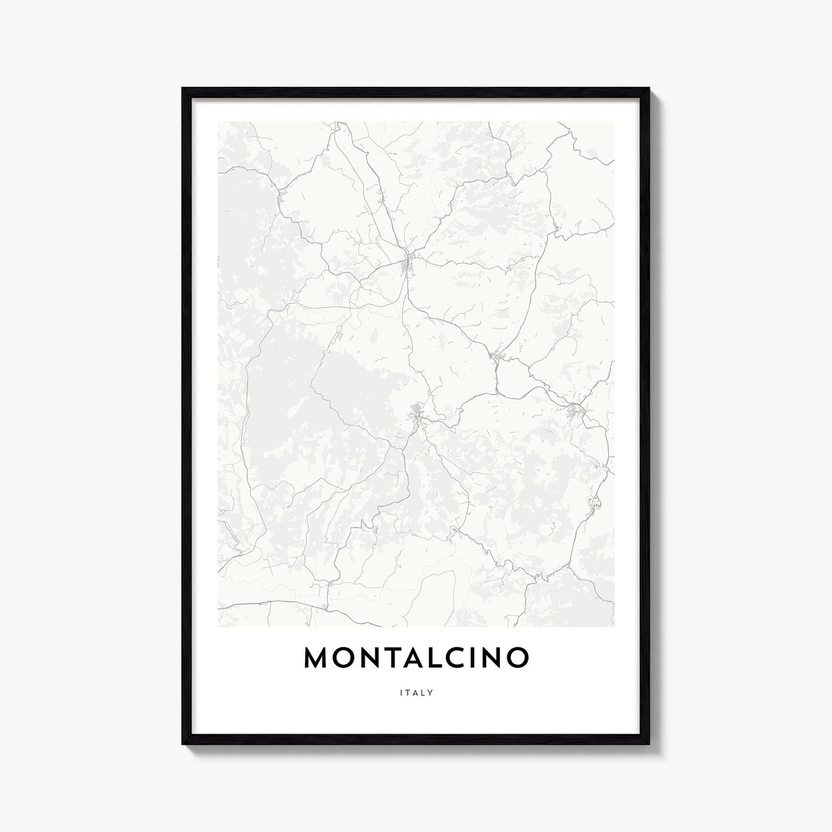 Montalcino black & white map poster of Italy – vertical wall art, unframed print shown in interior mockup
