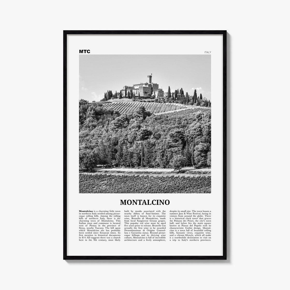 Montalcino black & white newspaper poster of Italy – vertical wall art, unframed print shown in interior mockup