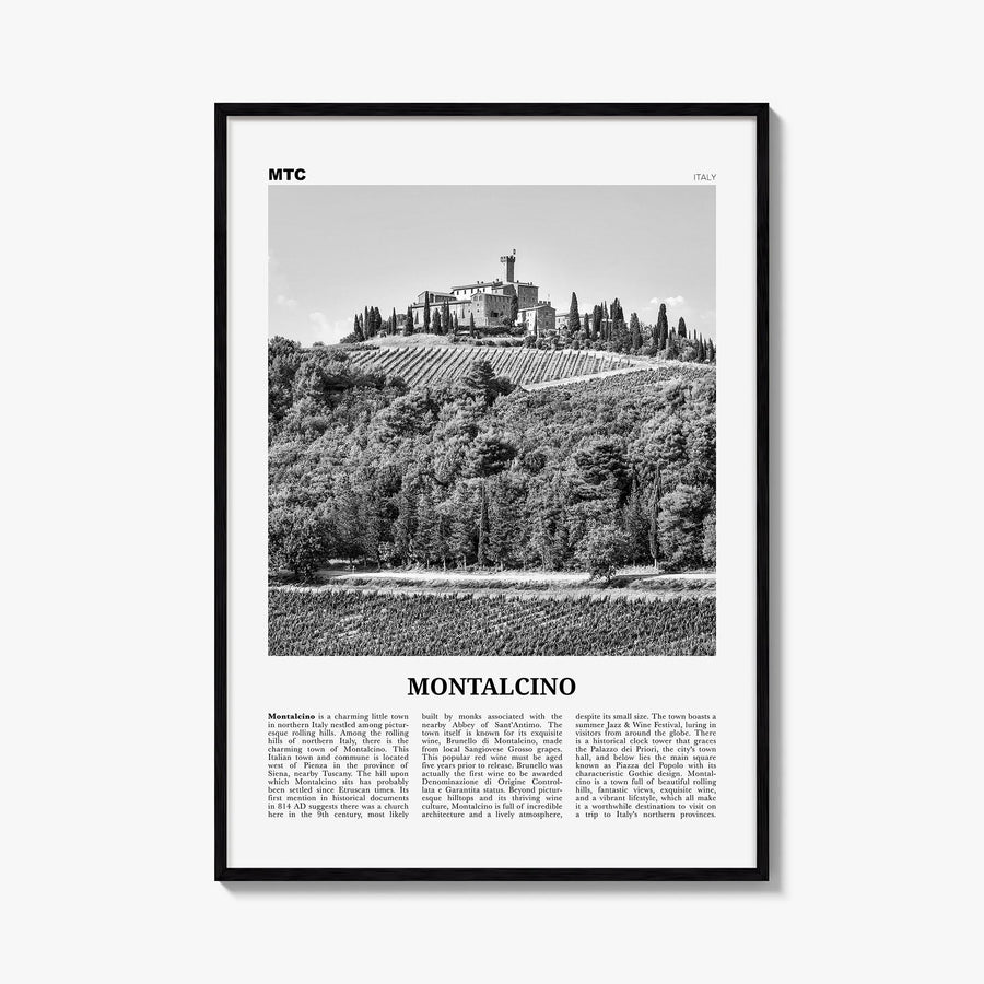 Montalcino black & white newspaper poster of Italy – vertical wall art, unframed print shown in interior mockup