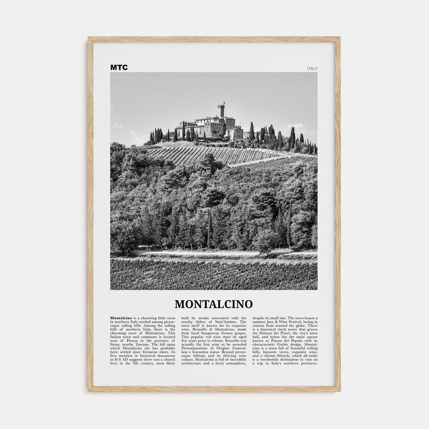 Montalcino Poster Natural Wood / 8x12 in Nbourhood Travel B&W Poster