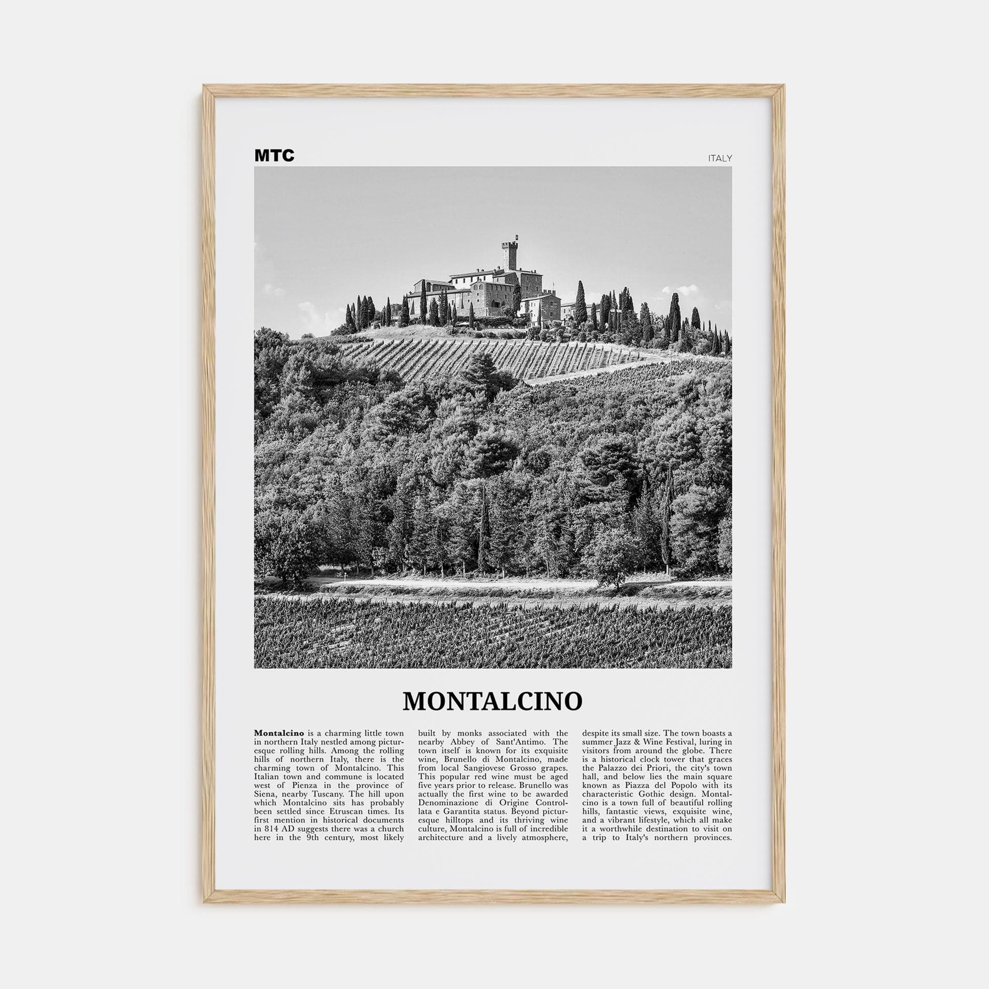 Montalcino Poster Natural Wood / 8x12 in Nbourhood Travel B&W Poster