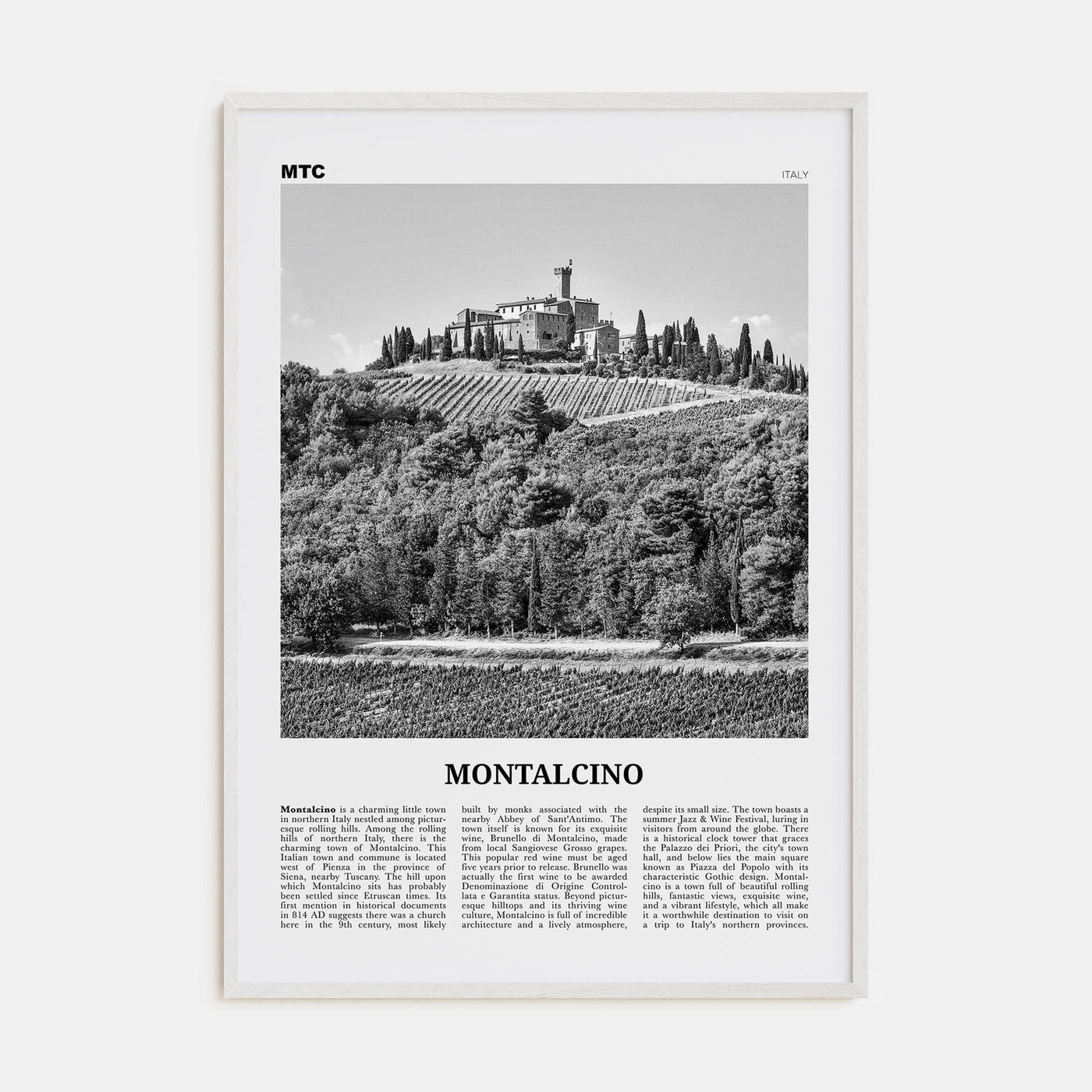 Montalcino Poster White Wood / 8x12 in Nbourhood Travel B&W Poster