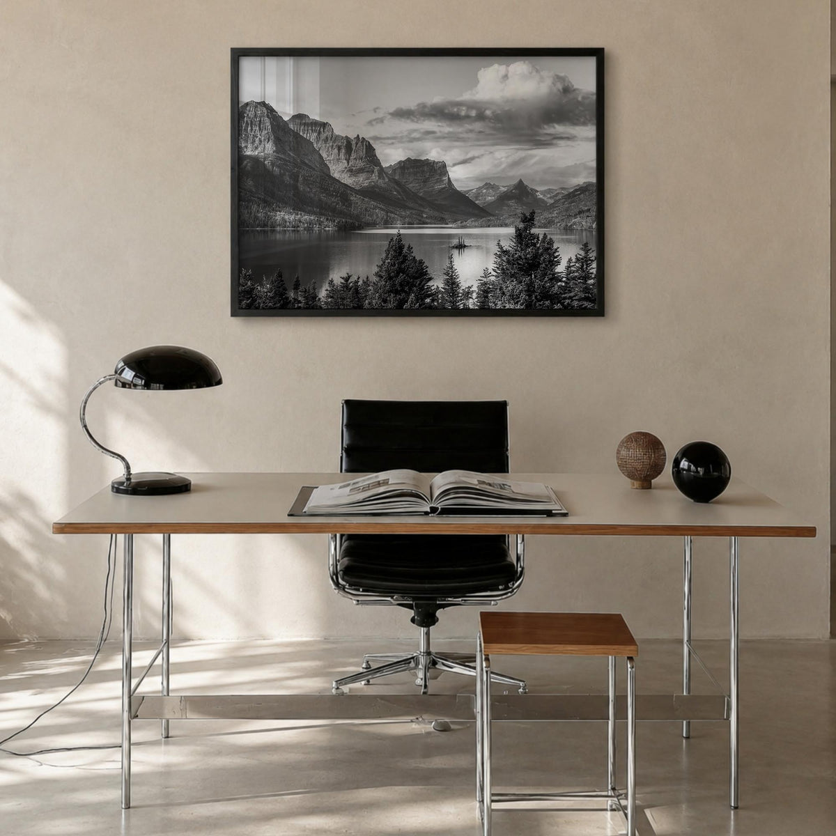Montana black & white photo poster of United States – horizontal wall art in black wood frame, hanging on wall