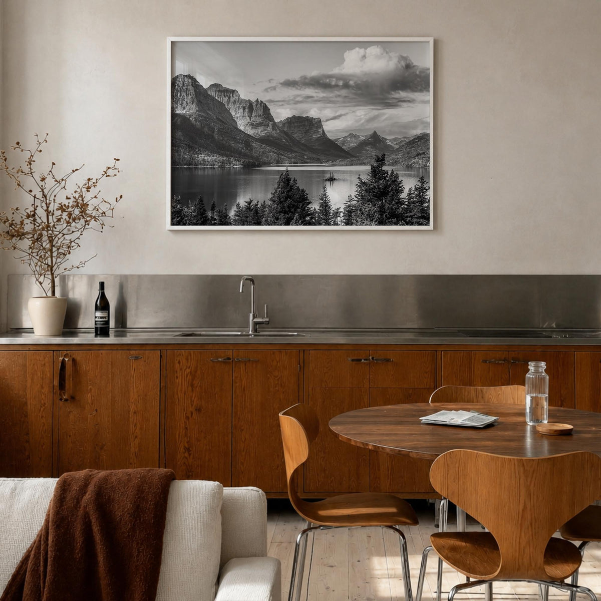 Montana black & white photo poster of United States – horizontal wall art in white wood frame, hanging on wall