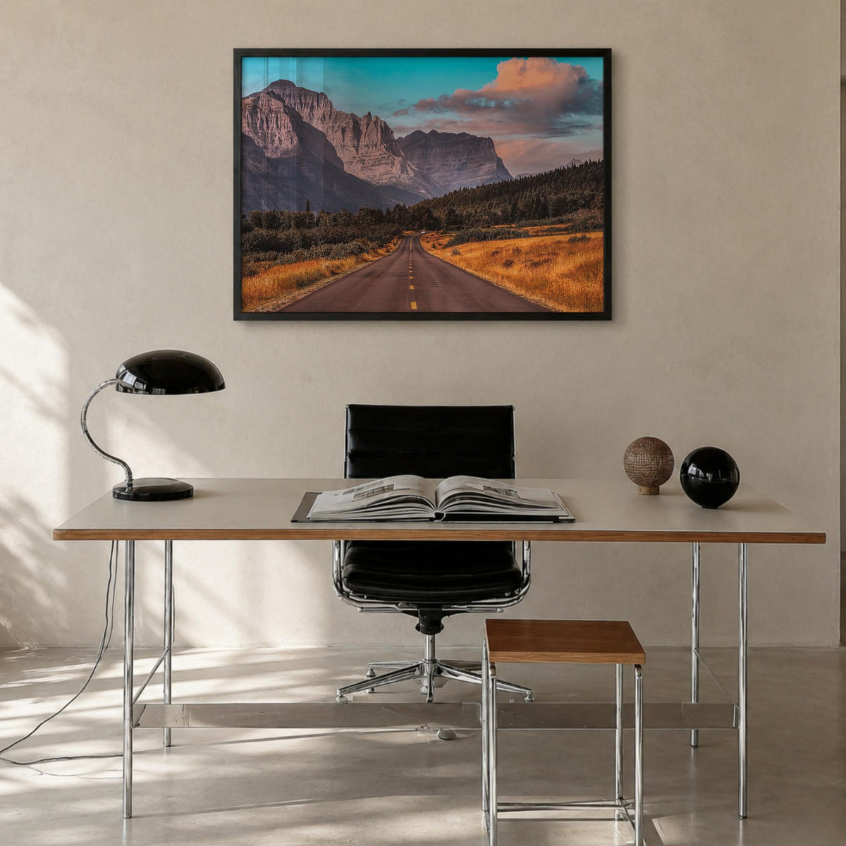 Montana colorful photo poster of United States – horizontal wall art in black wood frame, hanging on wall