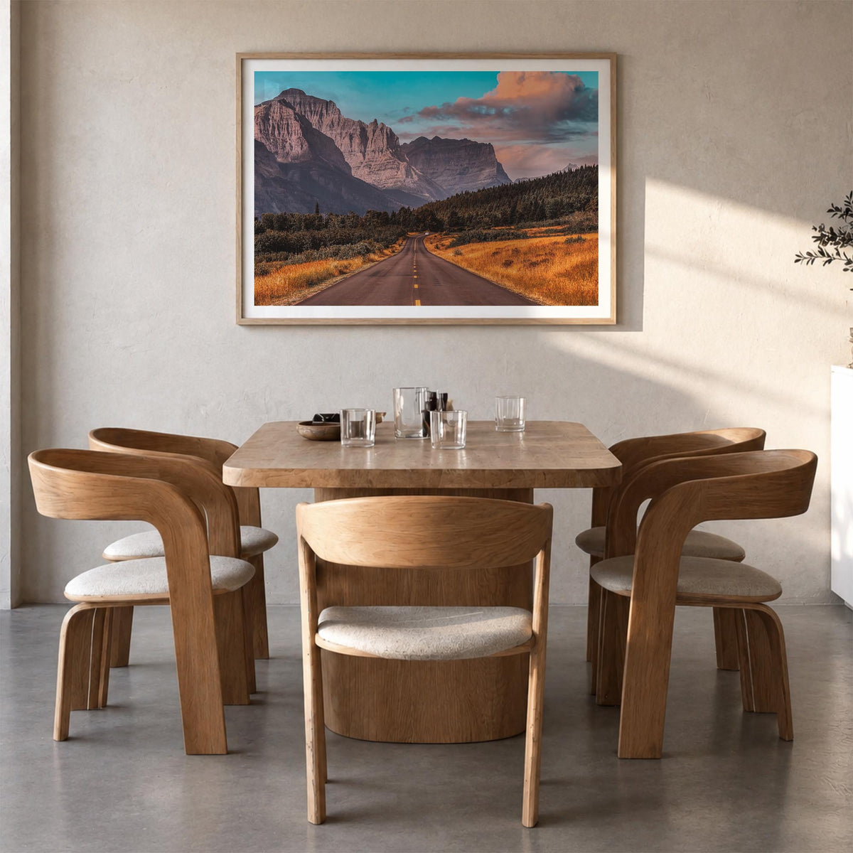 Montana colorful photo poster of United States – horizontal wall art in natural wood frame with white border, hanging on wall