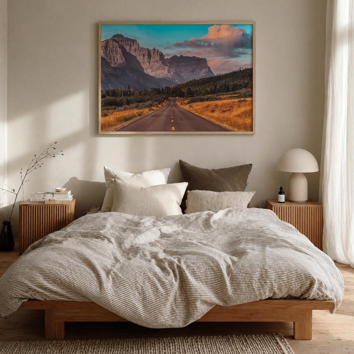 Montana colorful photo poster of United States – horizontal wall art in natural wood frame, hanging on wall
