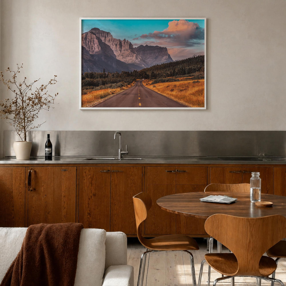 Montana colorful photo poster of United States – horizontal wall art in white wood frame, hanging on wall