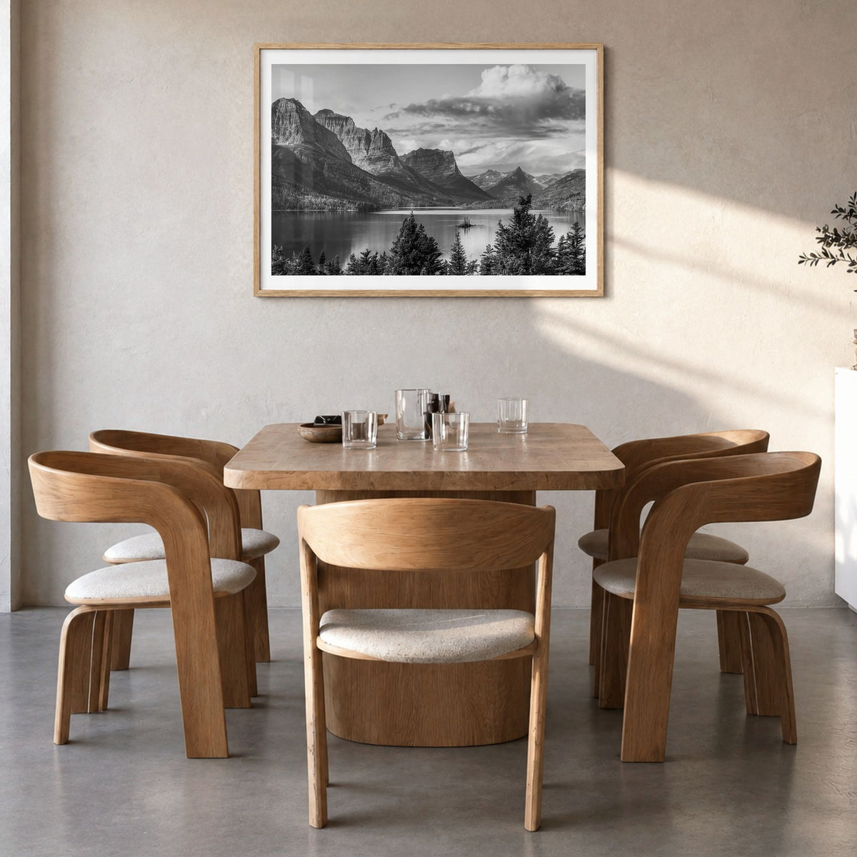 Montana Photo Poster in a natural wood frame, hanging in a dining room, white border