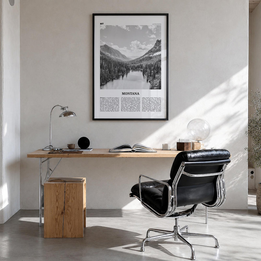 Montana no. 1 black & white newspaper poster of United States – vertical wall art in black wood frame, hanging on wall