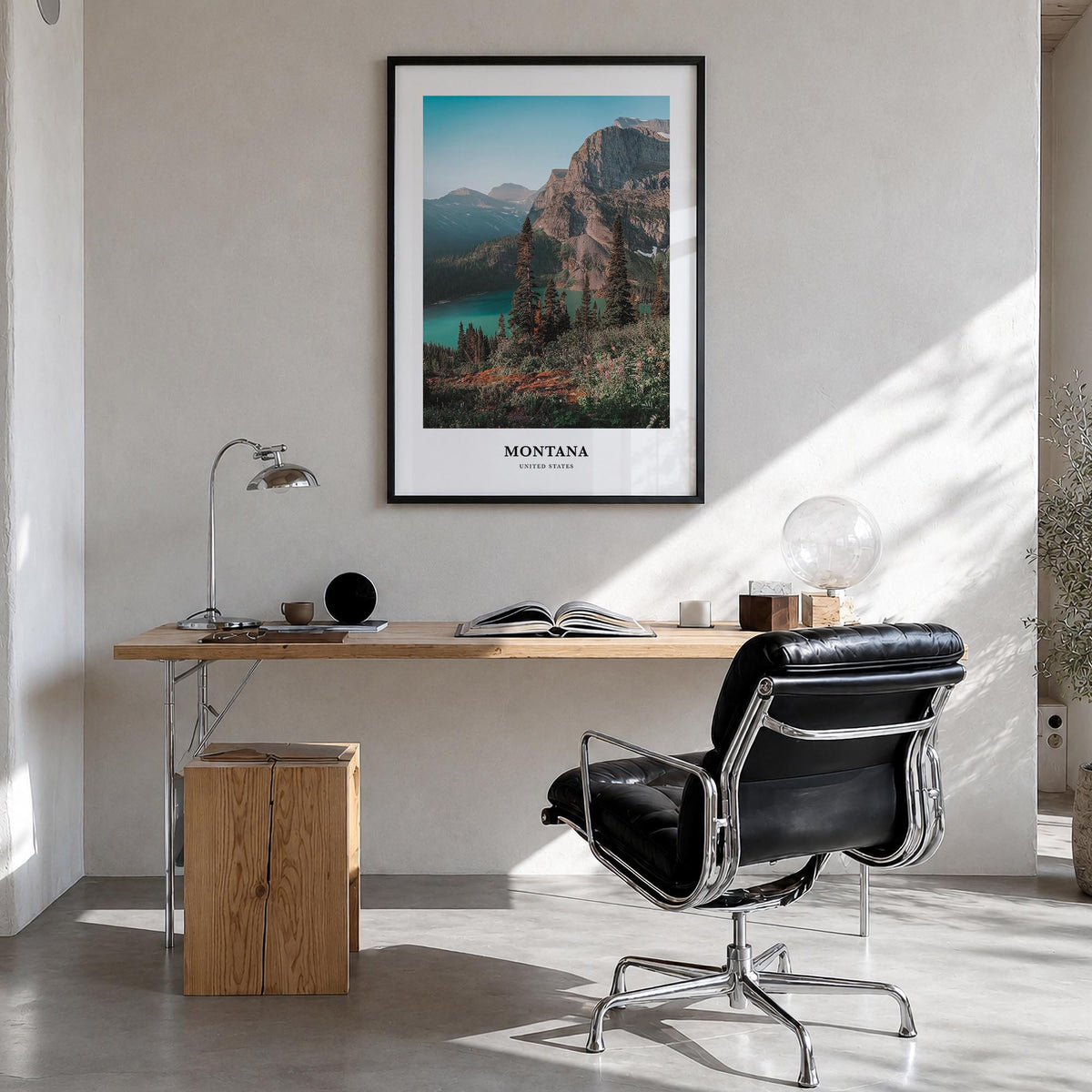 Montana no. 1 colorful classic poster of United States – vertical wall art in black wood frame, hanging on wall