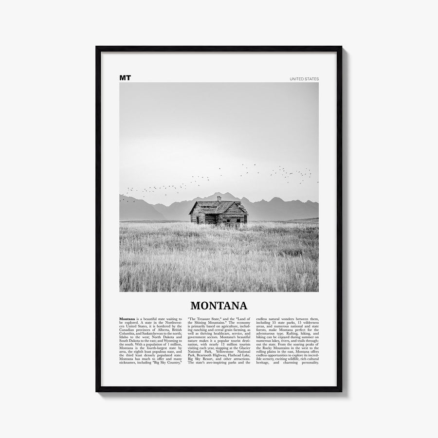 Montana no. 2 black & white newspaper poster of United States – vertical wall art, unframed print shown in interior mockup