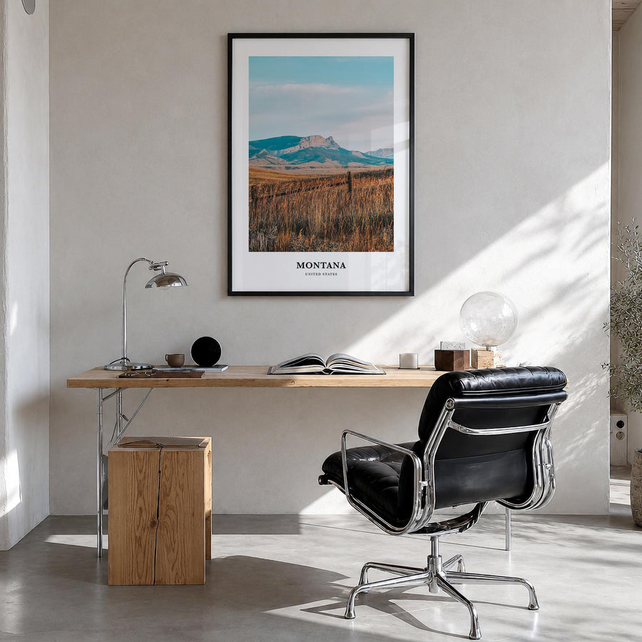 Montana no. 2 colorful classic poster of United States – vertical wall art in black wood frame, hanging on wall