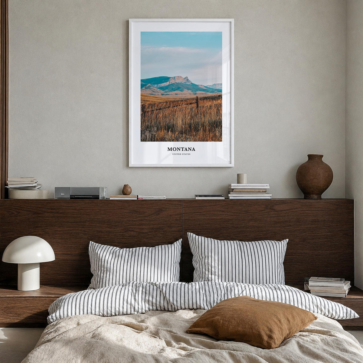 Montana no. 2 colorful classic poster of United States – vertical wall art in white wood frame, hanging on wall