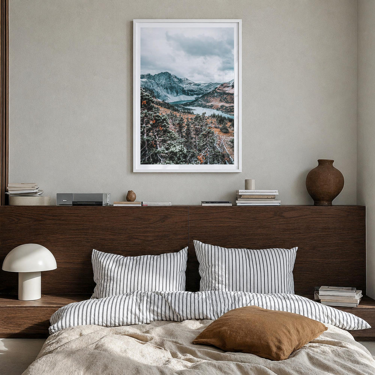 Montana no. 2 colorful photo poster of United States – vertical wall art in white wood frame with white border, hanging on wa