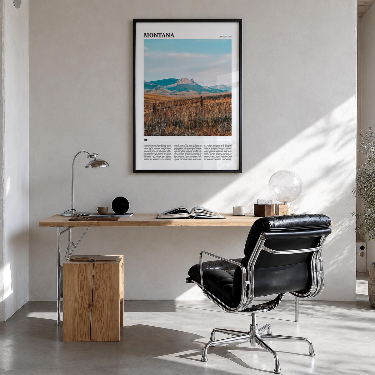 Montana no. 2 colorful travel poster of United States – vertical wall art in black wood frame, hanging on wall