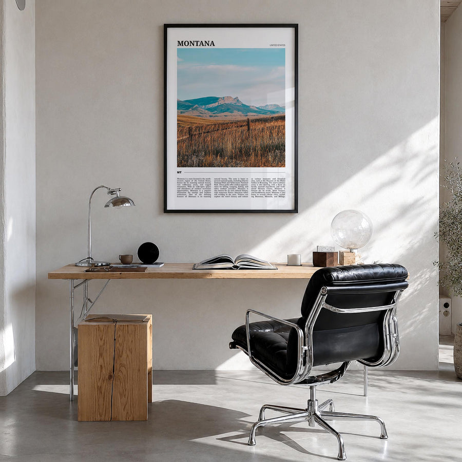 Montana no. 2 colorful travel poster of United States – vertical wall art in black wood frame, hanging on wall
